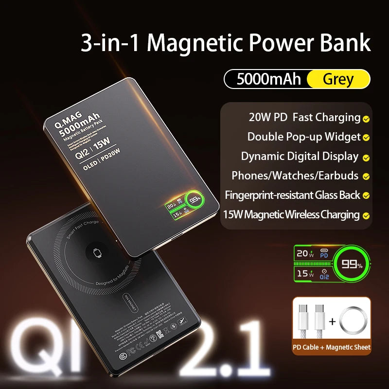 3 In 1 Magnetic Power Bank battery QI 15W Wireless Fast Charing for iPhone 12-17 Pro