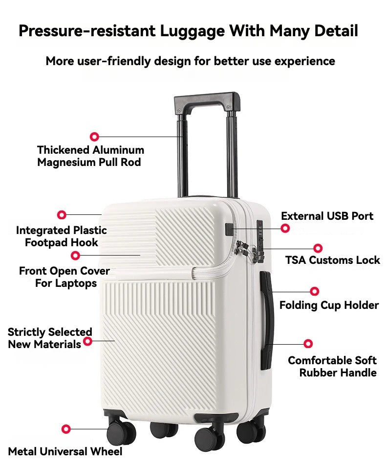 Premium Front-Open Smart Luggage with USB Charging – Large Capacity Travel Suitcase (20”/22”/24”/26”)