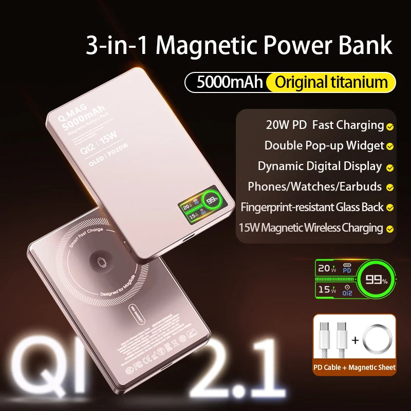 3 In 1 Magnetic Power Bank battery QI 15W Wireless Fast Charing for iPhone 12-17 Pro