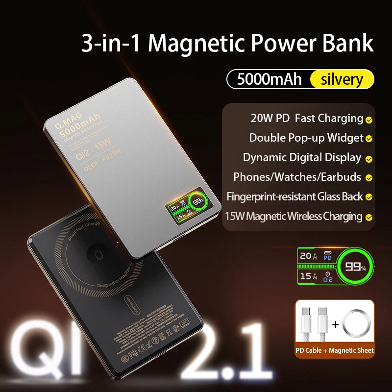 3 In 1 Magnetic Power Bank battery QI 15W Wireless Fast Charing for iPhone 12-17 Pro